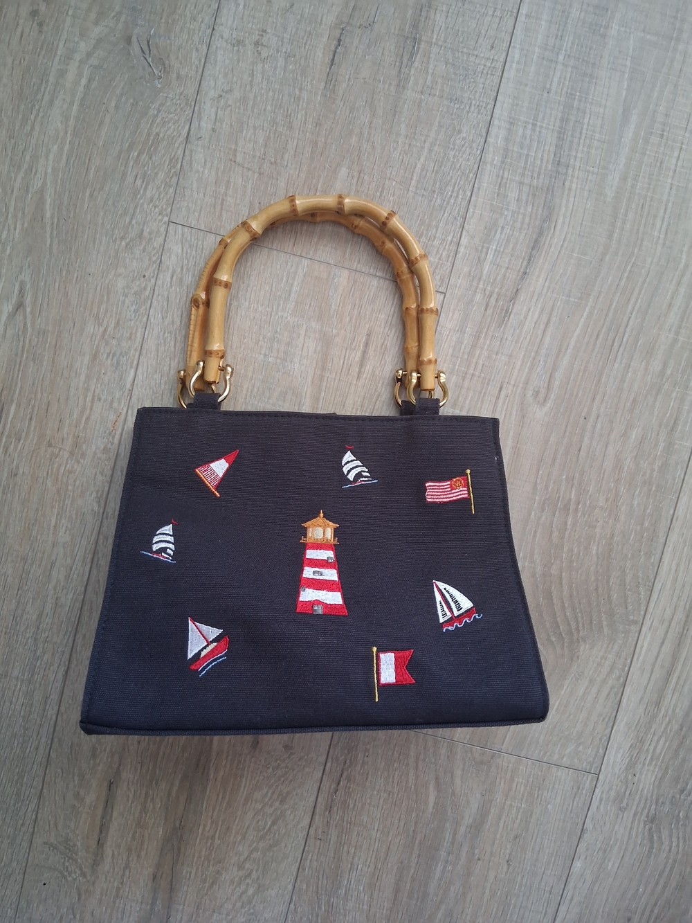 Navy Nautical Embroidered Top-Handle Bag with Bamboo Handles
